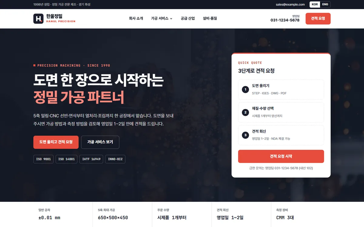 한울정밀 제조업 샘플 메인 화면. 도면 한 장으로 시작하는 정밀 가공 파트너라는 제목과 인증 배지, 오른쪽에 3단계 견적 요청 카드가 보이는 구성